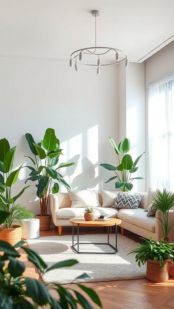 Salón moderno con plantas de interior, sofá claro y mesa de café, iluminado por luz natural.