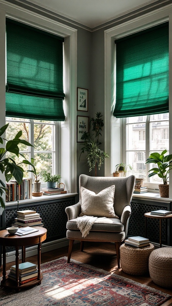 Un rincón de lectura con un sillón verde, plantas de interior y libros apilados.