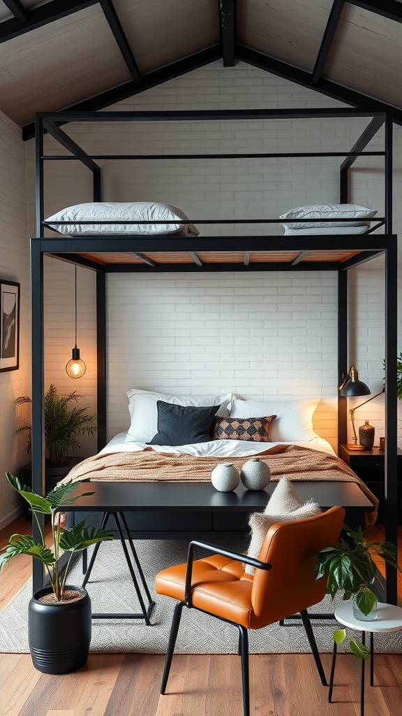 Interior de un loft industrial moderno con cama loft metálica, silla de cuero caramelo y escritorio minimalista