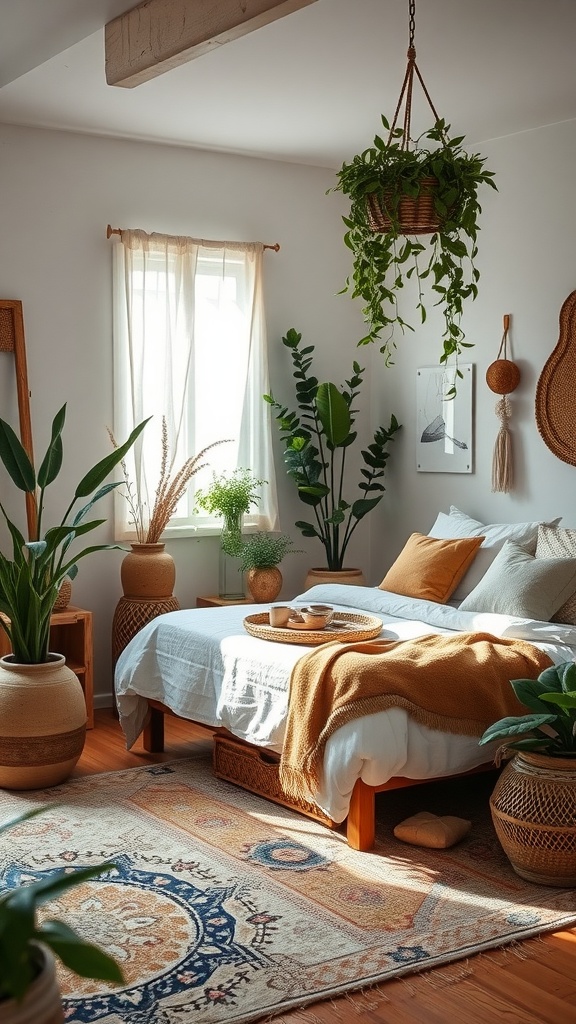 Un dormitorio bohemio con elementos de mimbre, barro y plantas, creando un espacio acogedor y natural.