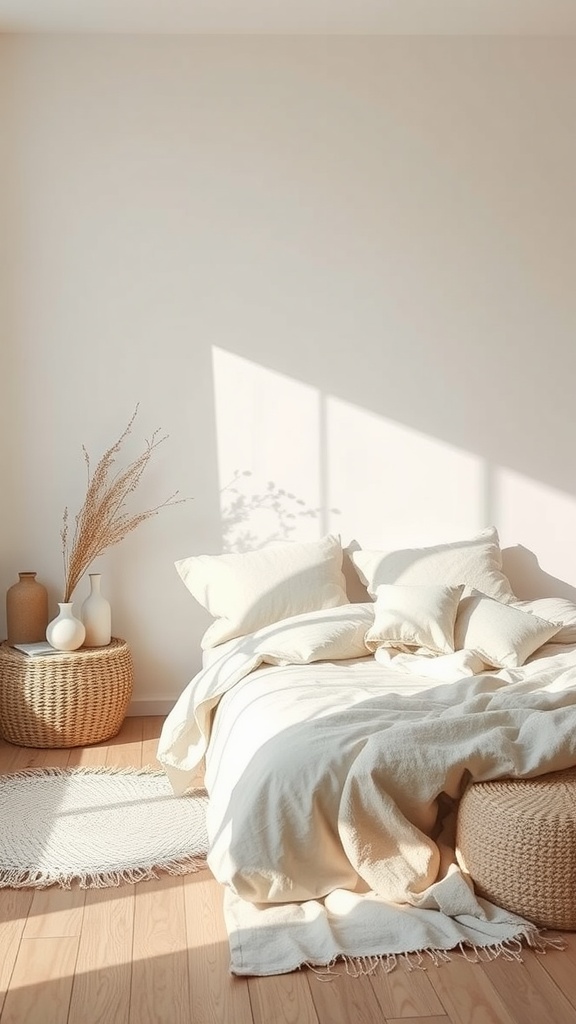 Habitación con cama decorada con textiles neutros, jarrones y elementos naturales.