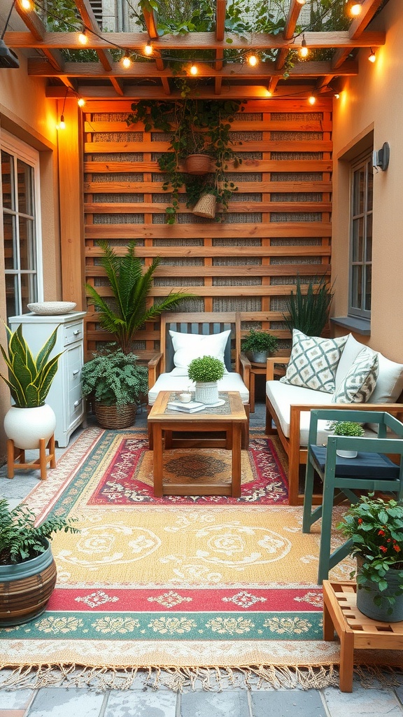 Un patio acogedor con alfombra colorida que define zonas, muebles de madera y plantas.