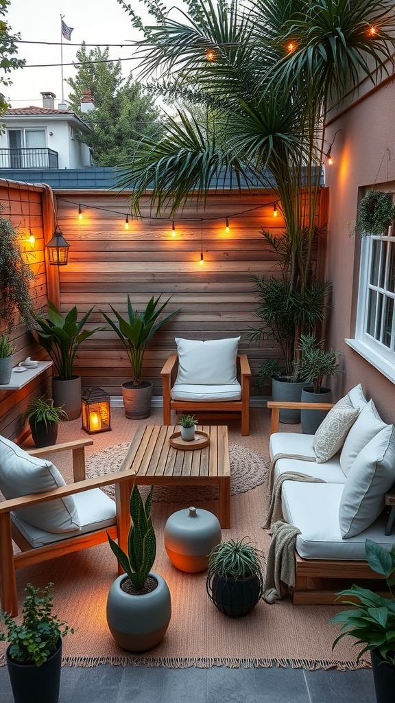 Patio decorado con muebles de madera y cojines blancos, rodeado de plantas y luces cálidas.