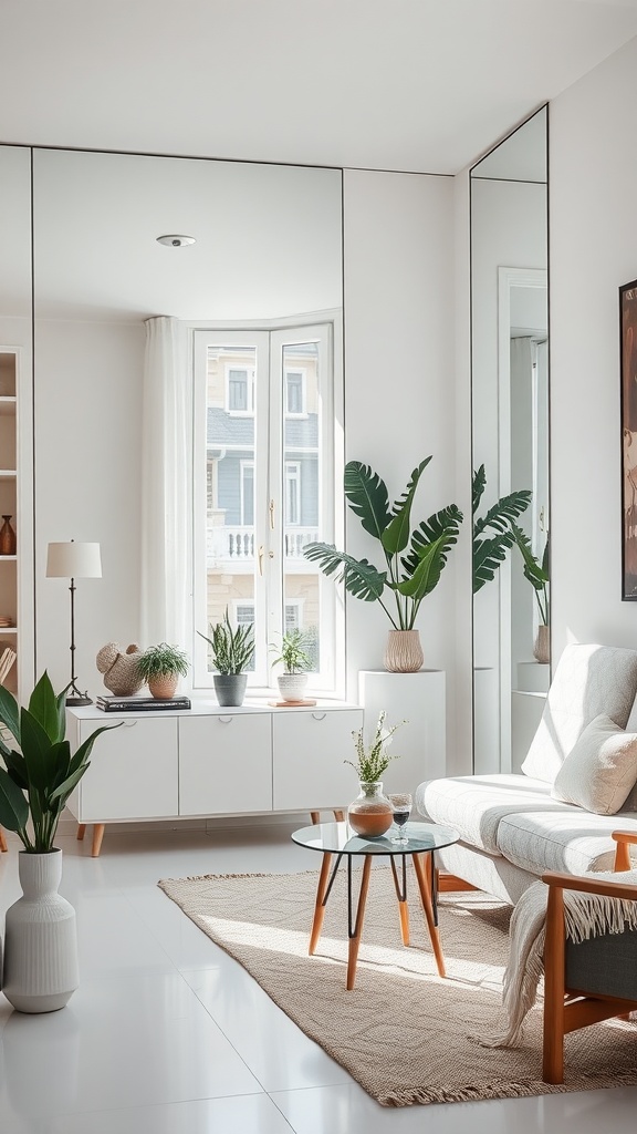 Salón moderno con espejos grandes que amplían visualmente el espacio, decorado con plantas y mobiliario minimalista.