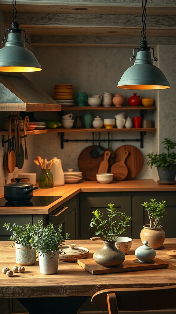 Cocina rústica con estanterías abiertas mostrando cerámica artesanal y utensilios bonitos