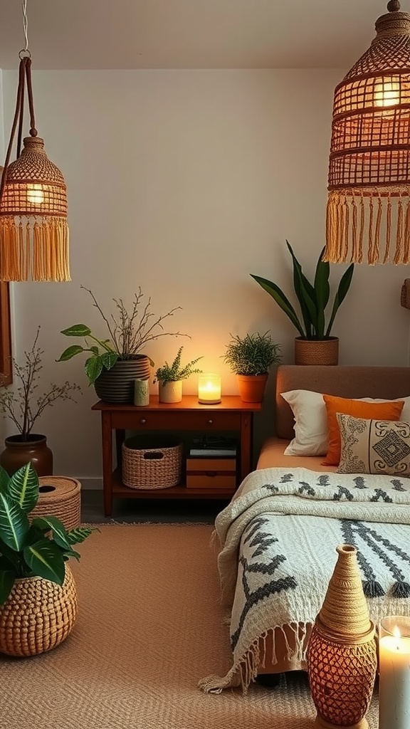Dormitorio bohemio con lámparas tejidas, plantas y decoración natural.
