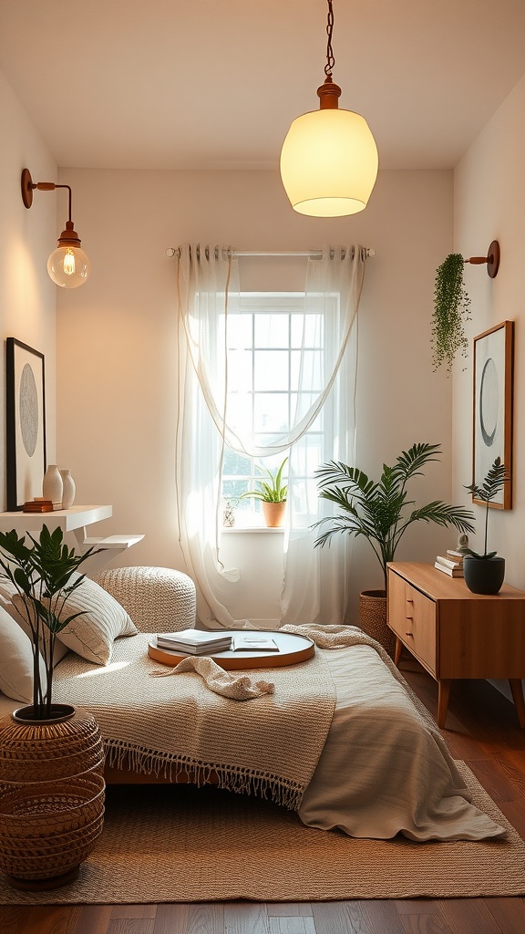 Un acogedor dormitorio con lámparas de pared y decoración minimalista, mostrando cómo iluminar espacios pequeños con elegancia.