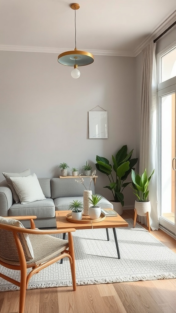 Sala de estar decorada con colores neutros y acentos naturales. Muebles de madera, plantas y texturas suaves.