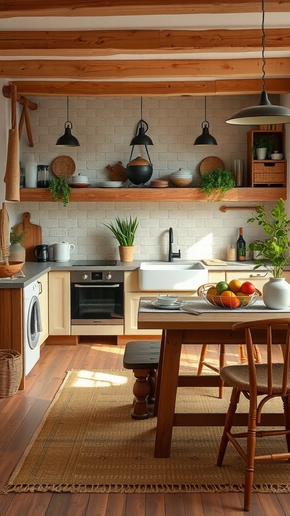 Cocina rústica con tonos tierra, madera y piedra, decorada con textiles suaves y elementos naturales.