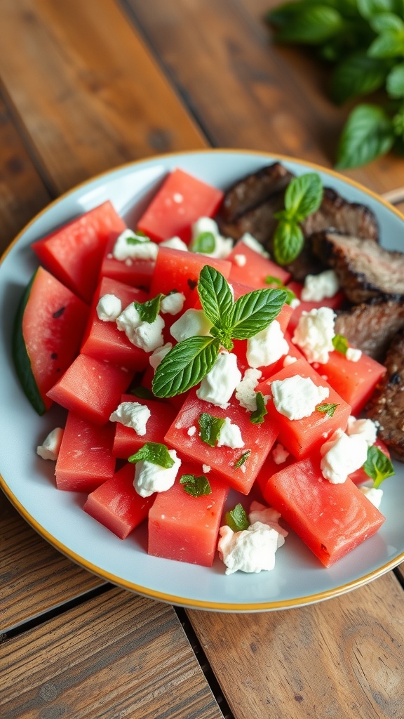 Refreshing Watermelon and Feta Salad with Grilled Steak Refreshing watermelon and feta salad served with grilled steak on a rustic wooden table.