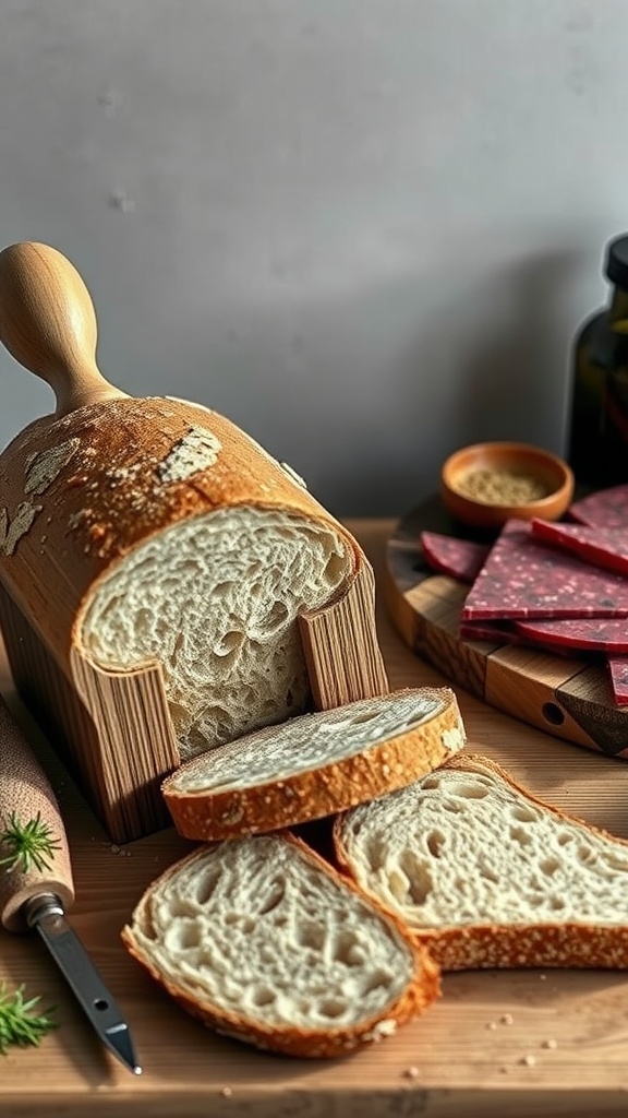 Artisan bread with fresh slices ready for a charcuterie board