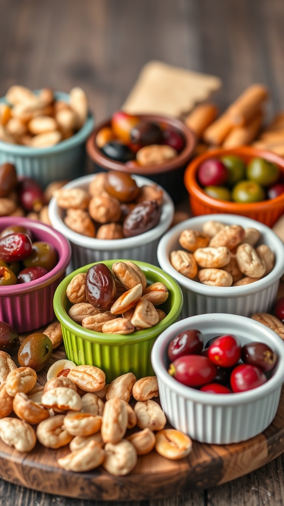 Colorful ramekins filled with nuts and olives on a wooden board