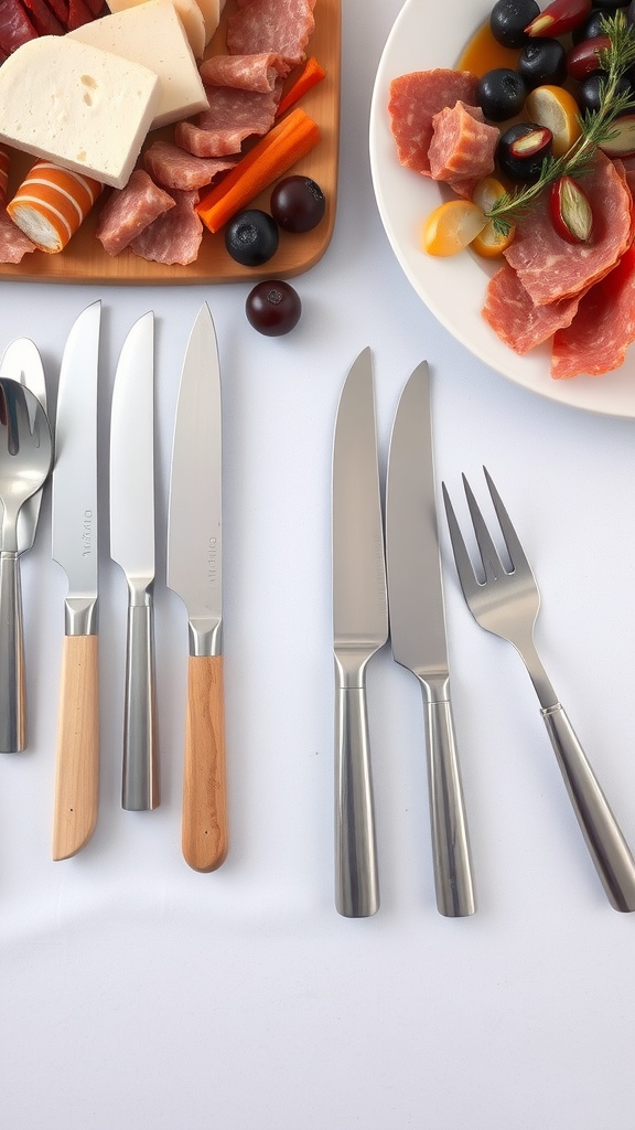 A variety of utensils and charcuterie items laid out for a spring board