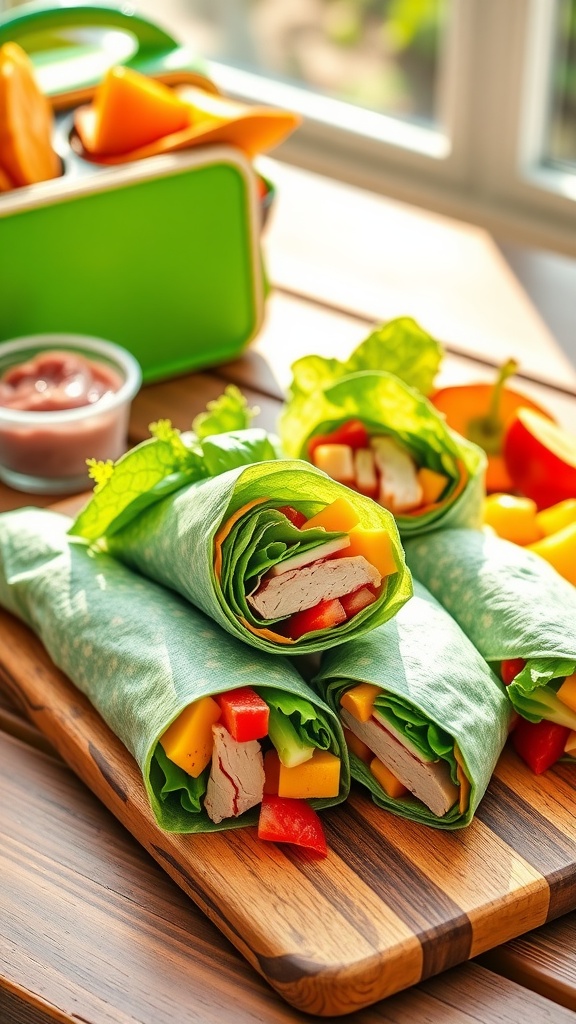 Delicious and Nutritious Back to School Lunch Wraps Colorful lunch wraps filled with vegetables and turkey, served with fresh fruit on a wooden board.