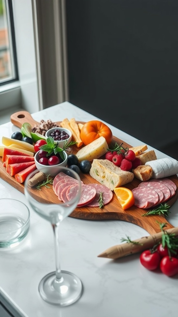 Charcuterie board with assorted cheeses, meats, fruits, nuts, and bread