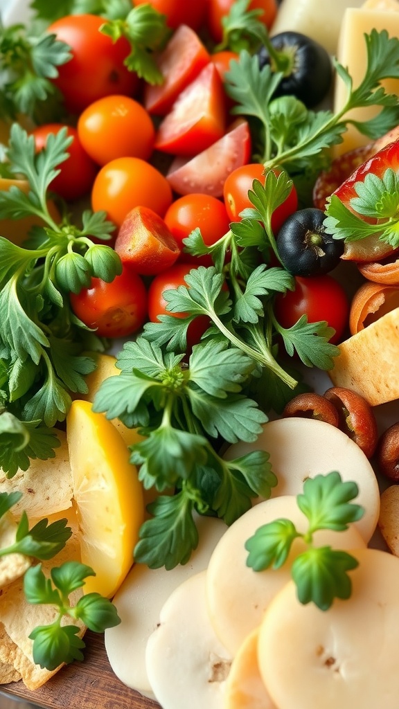 A vibrant charcuterie board featuring fresh herbs, cheeses, meats, and colorful vegetables.