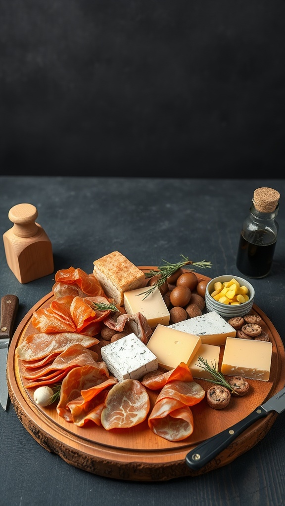 A beautifully arranged charcuterie board with various meats, cheeses, and accompaniments.