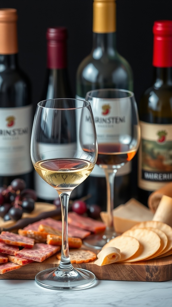 Stylish wine glasses paired with a charcuterie board featuring cured meats, cheeses, olives, and fresh fruits.