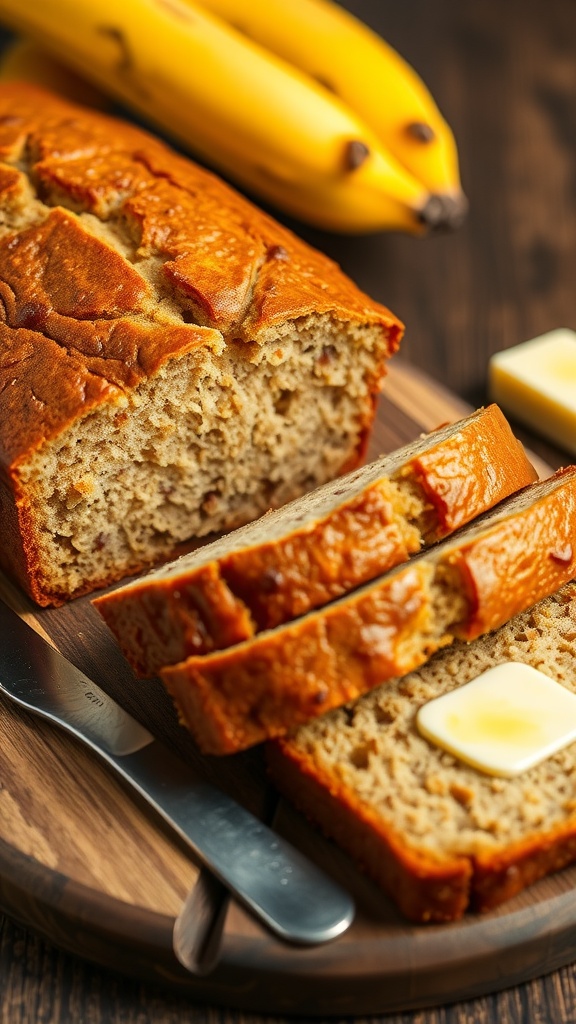 Ultimate Moist Banana Bread Recipe Golden brown banana bread sliced on a wooden board with ripe bananas in the background.