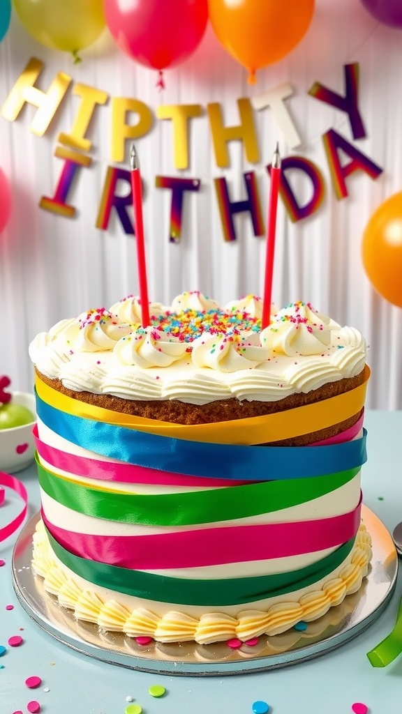Delicious Birthday Cake with Colorful Ribbons A vibrant birthday cake adorned with colorful ribbons, placed on a table with decorations for a birthday celebration.