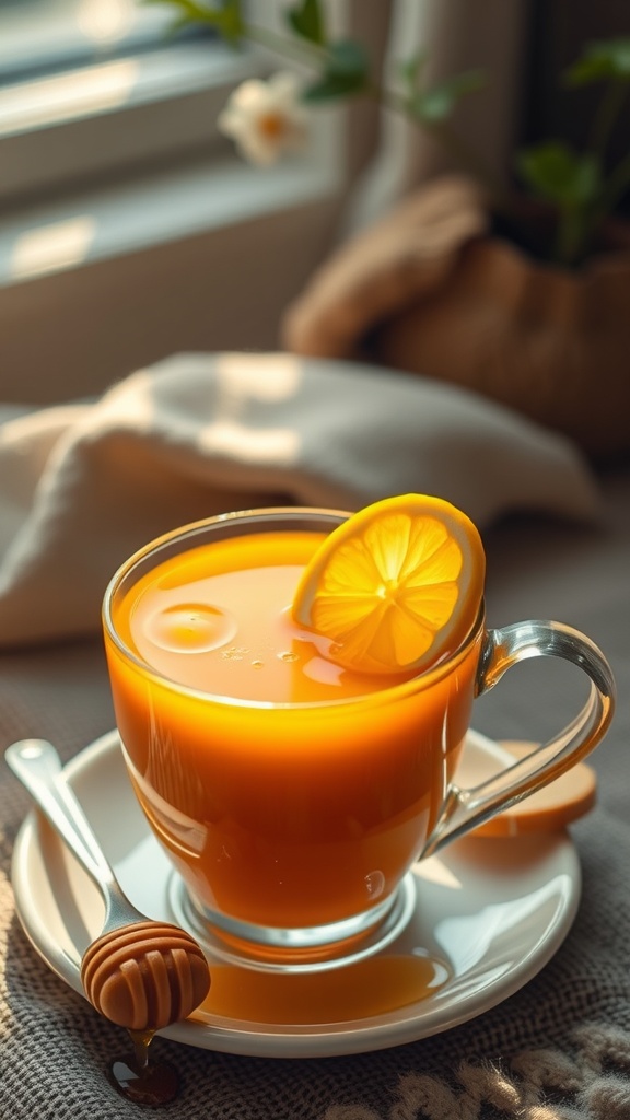 Healing Turmeric Ginger Detox Tea Recipe A cup of golden turmeric ginger detox tea with lemon and honey, in a cozy setting.