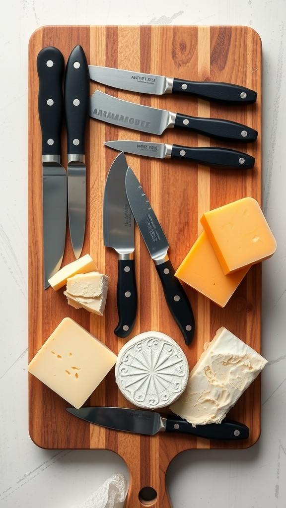 A collection of cheese knives arranged on a wooden board with various types of cheese.