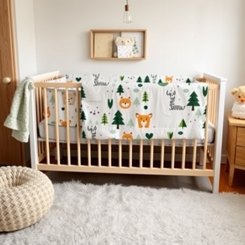 A crib with forest-themed bedding featuring cute animal designs and trees