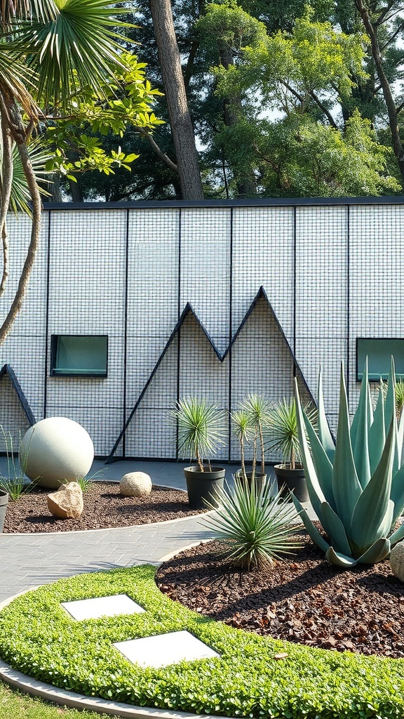 Artistic mesh fence in a modern garden setting.