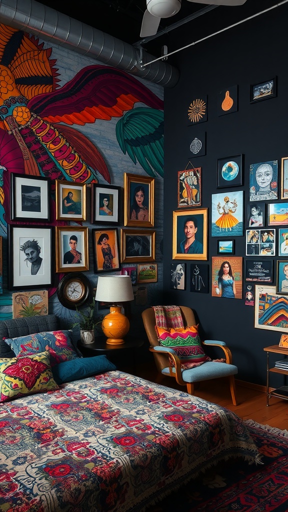 A bohemian bedroom featuring a colorful mural and an assortment of framed artwork on the walls.