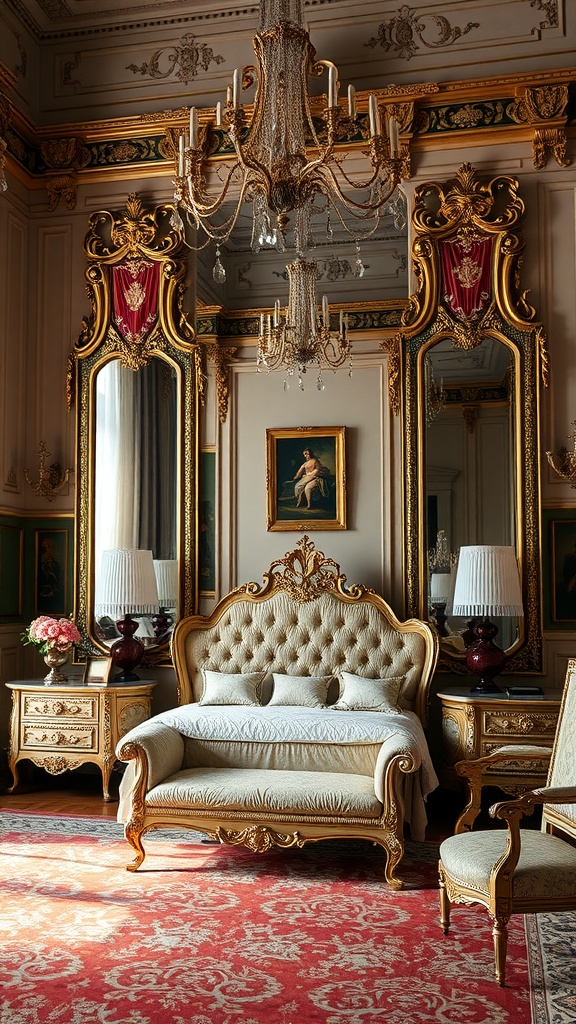 A beautifully decorated Rococo style bedroom featuring intricate mirrors, elegant chandelier, and rich colors.