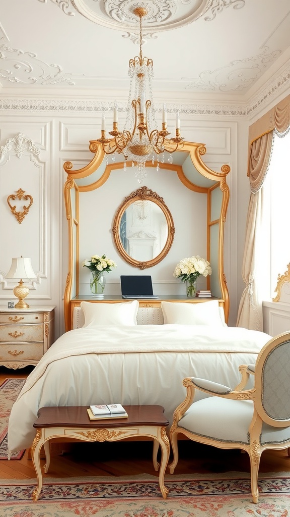 A beautifully styled Rococo bedroom featuring an ornate bed, chandelier, and elegant decor.