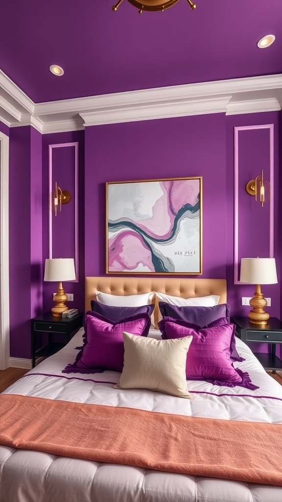 A beautifully decorated bedroom with bold purple walls, gold fixtures, and various purple pillows.