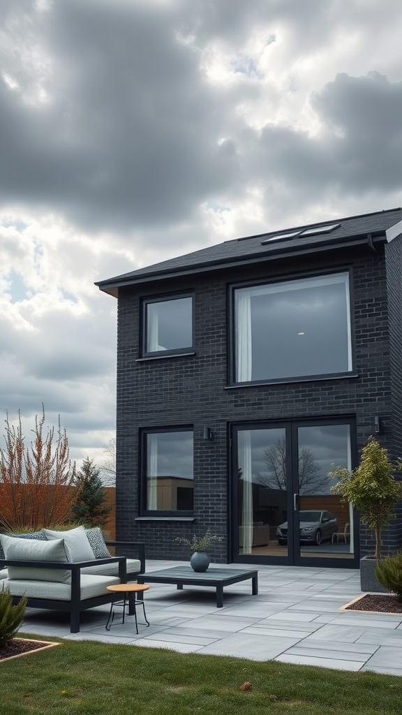 Contemporary dark gray brick house with large windows and garden area.