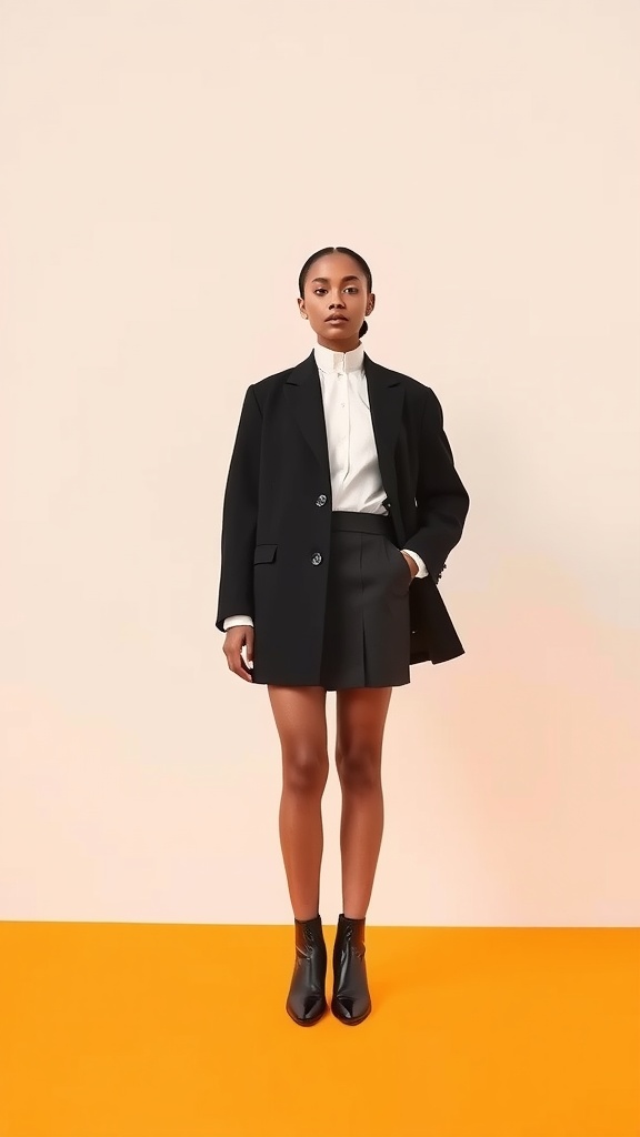 A person in a stylish black outfit standing against a light background with an orange floor.