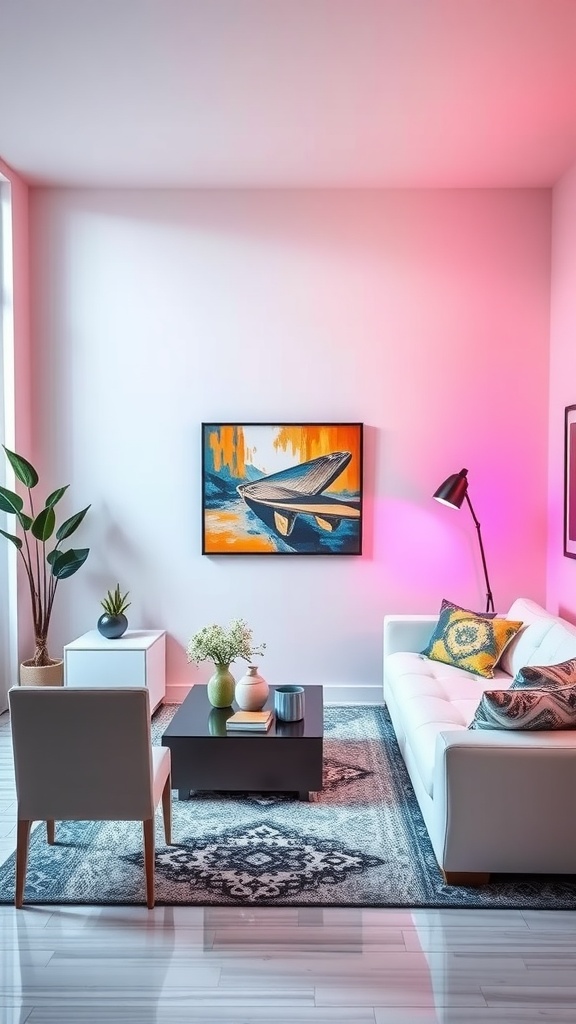 A stylish living room featuring bright neon accents with a pink glow and colorful artwork.