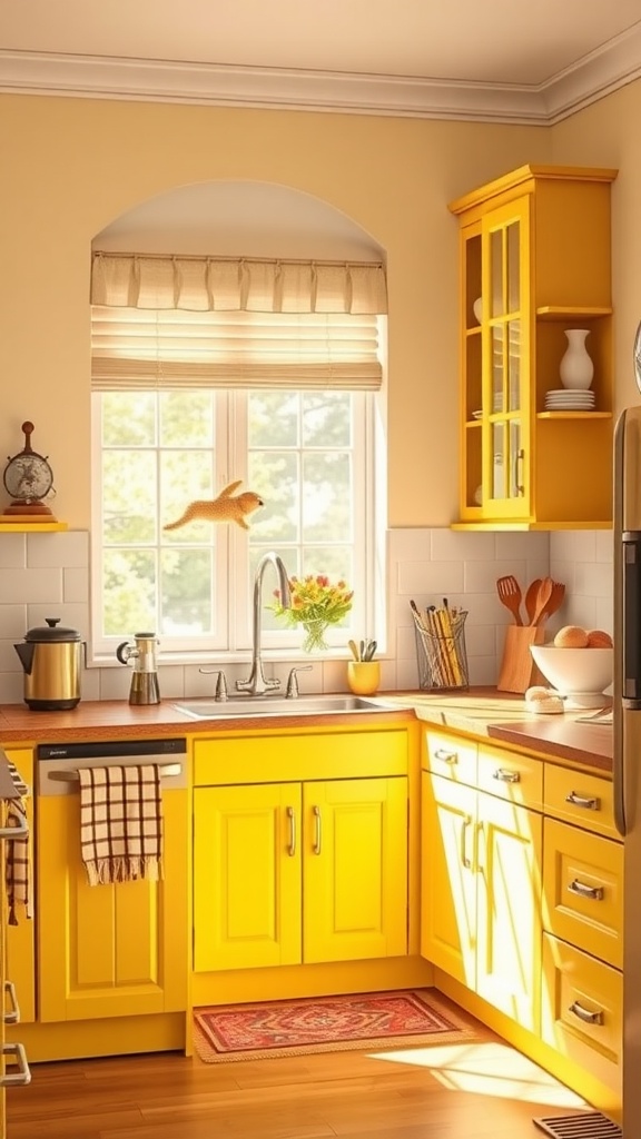 A sunny kitchen featuring bright yellow cabinets, warm wood accents, and a cozy atmosphere.