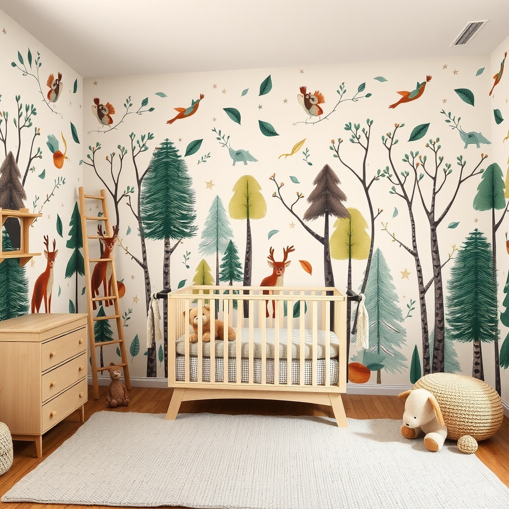 A cozy nursery featuring forest-themed wallpaper with trees, animals, and a crib.