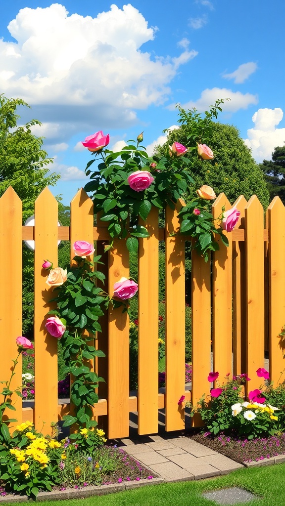 Charming wooden fence adorned with blooming roses in a sunny garden