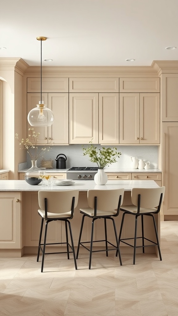 A modern kitchen featuring beige cabinets, black bar stools, and a marble countertop.