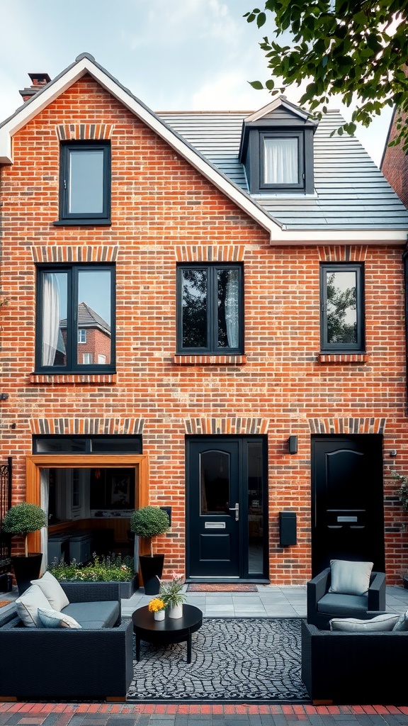 A modern brick house with black windows and doors, featuring outdoor seating and greenery.
