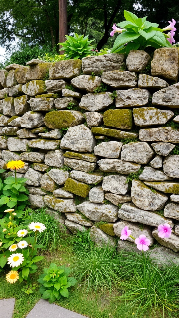 A stone wall with flowers and greenery at its base.