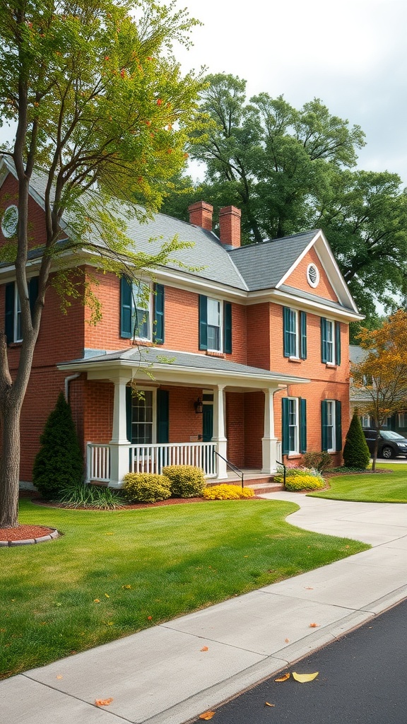 A charming brown brick house with green shutters, surrounded by trees and a well-kept lawn.