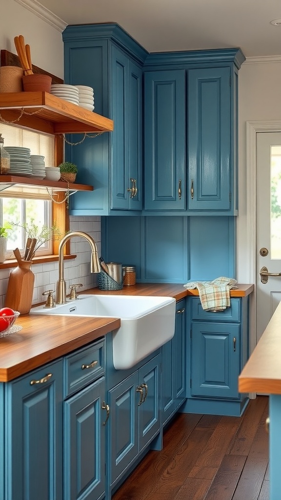 A cozy kitchen with classic blue cabinets, wooden countertops, and a farmhouse sink.