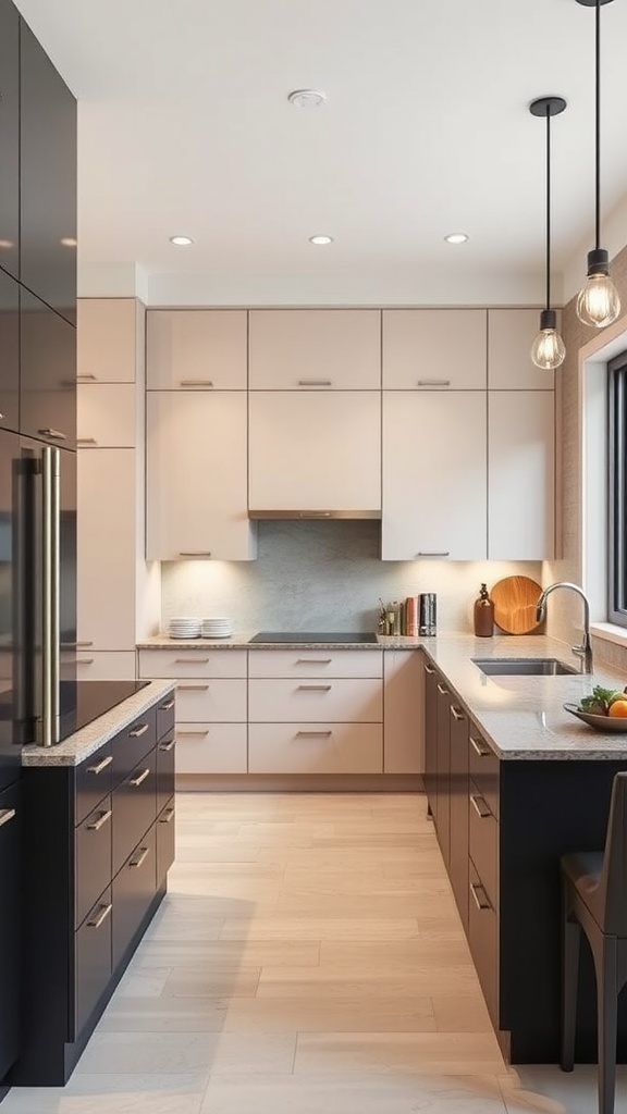 A modern kitchen featuring contrasting two-tone cabinets, with light upper cabinets and dark lower cabinets.