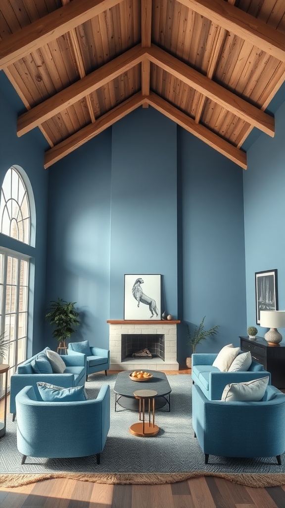 A living room with high ceilings painted in a cool blue shade, featuring wooden beams and stylish furniture.