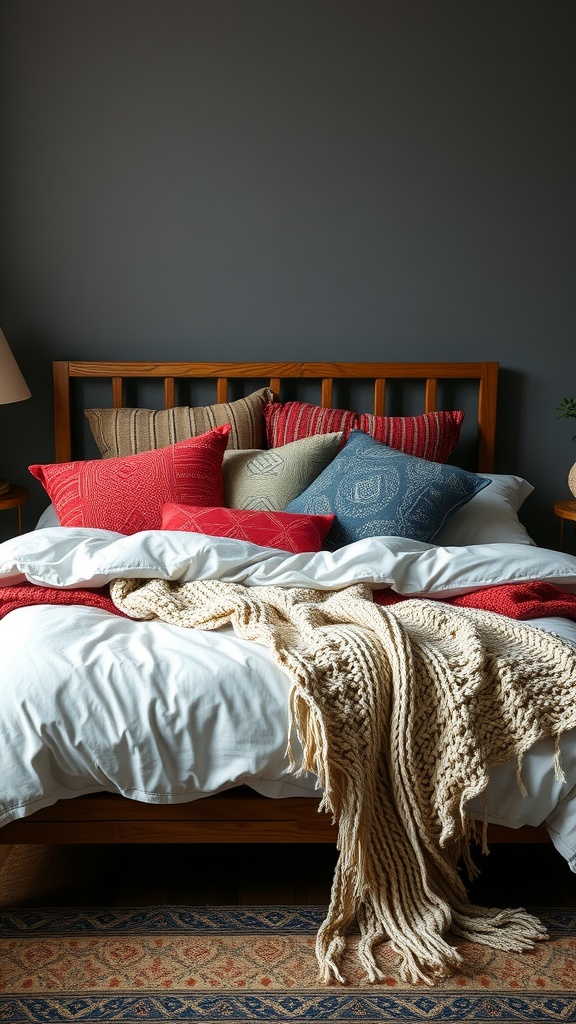 A cozy bed adorned with various decorative pillows and a knitted throw, creating a warm and inviting atmosphere.