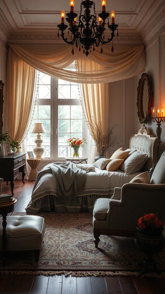 A cozy Rococo bedroom with soft fabrics, elegant furnishings, and warm lighting.