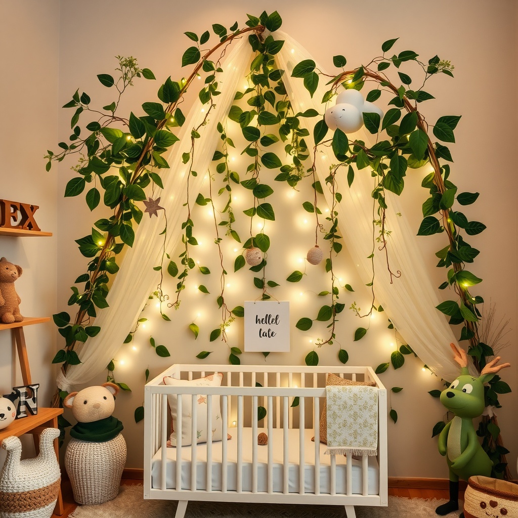 A cozy nursery with a leafy canopy, soft lighting, and a crib.