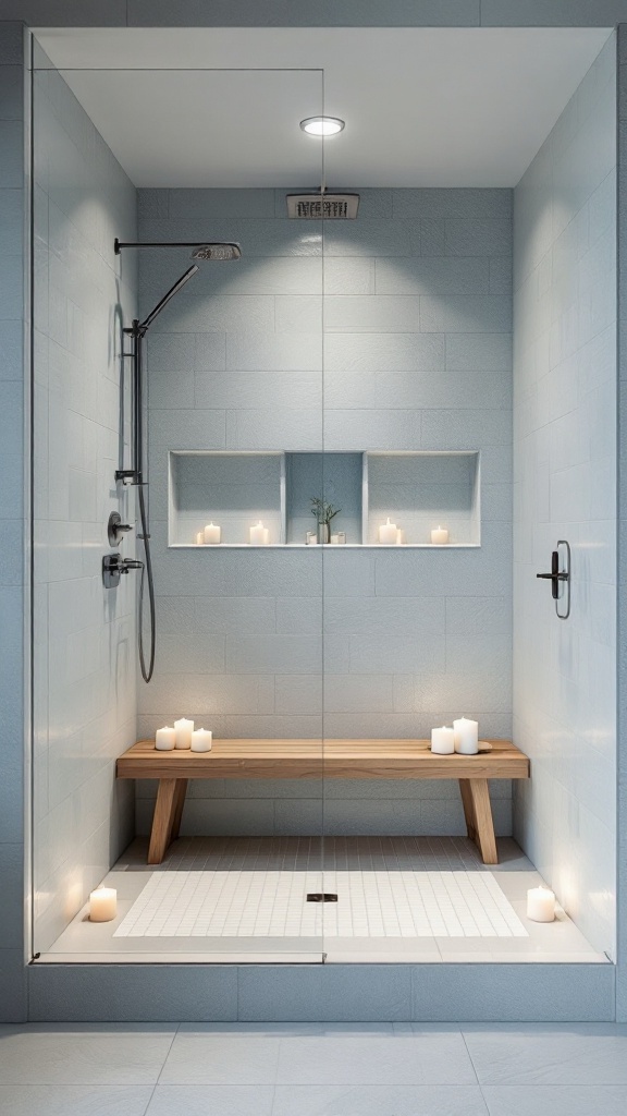 A minimalist walk-in shower with light blue textured tiles, a wooden bench, and candles for a spa-like atmosphere.