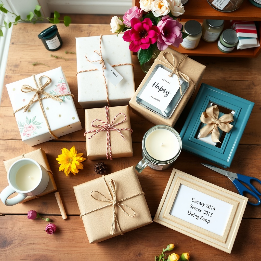 A collection of creatively wrapped gifts for Mother's Day, featuring candles and flowers.